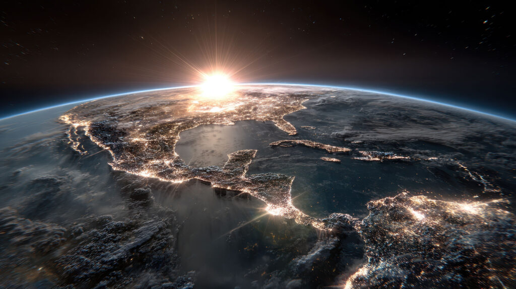 Sunrise rising over Earth as seen from space, with city lights illuminating continents below — symbolizing global perspective and looking ahead.